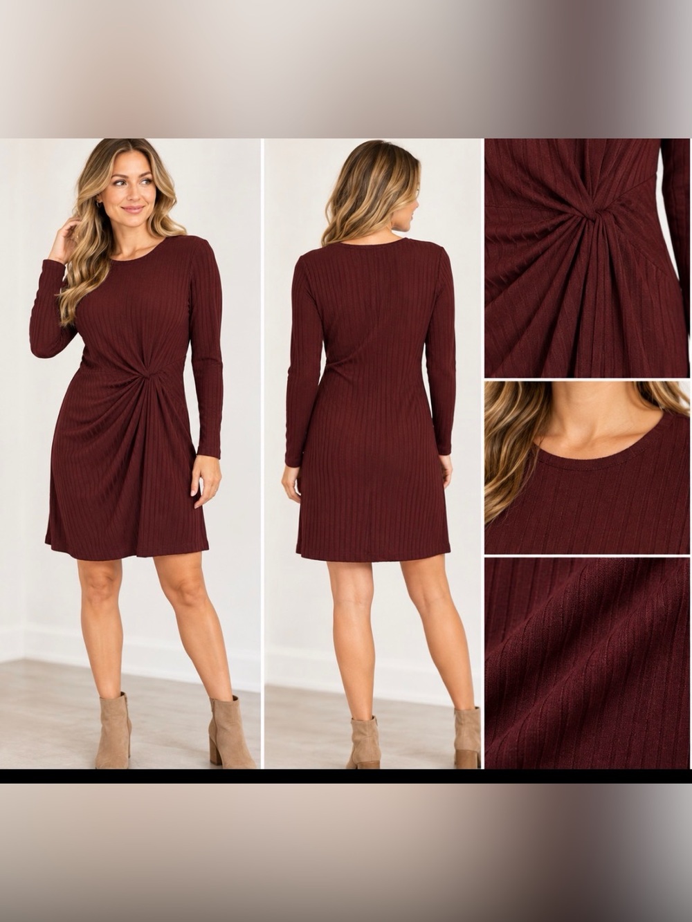 LOFT Women’s Large Burgundy Ribbed Twist Front Long Sleeve Dress